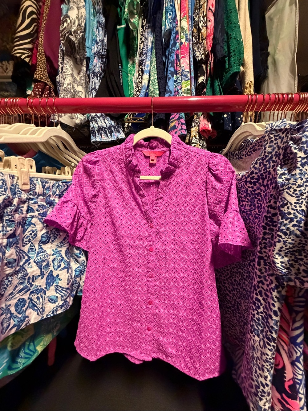 Lilly Pulitzer Calynn Eyelet Button-Down Blouse - Wild Fuchsia - XXS
